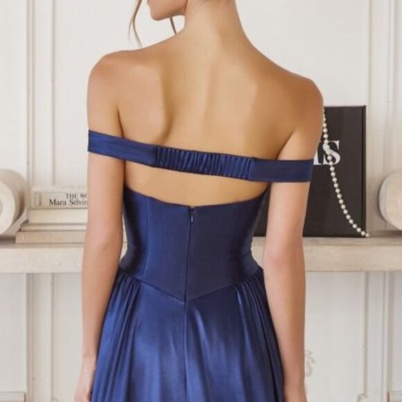 New LT Blue Off The Shoulder A-Line Bridesmaid Dress w/ Basque Waistline CD T821 - Picture 6 of 10